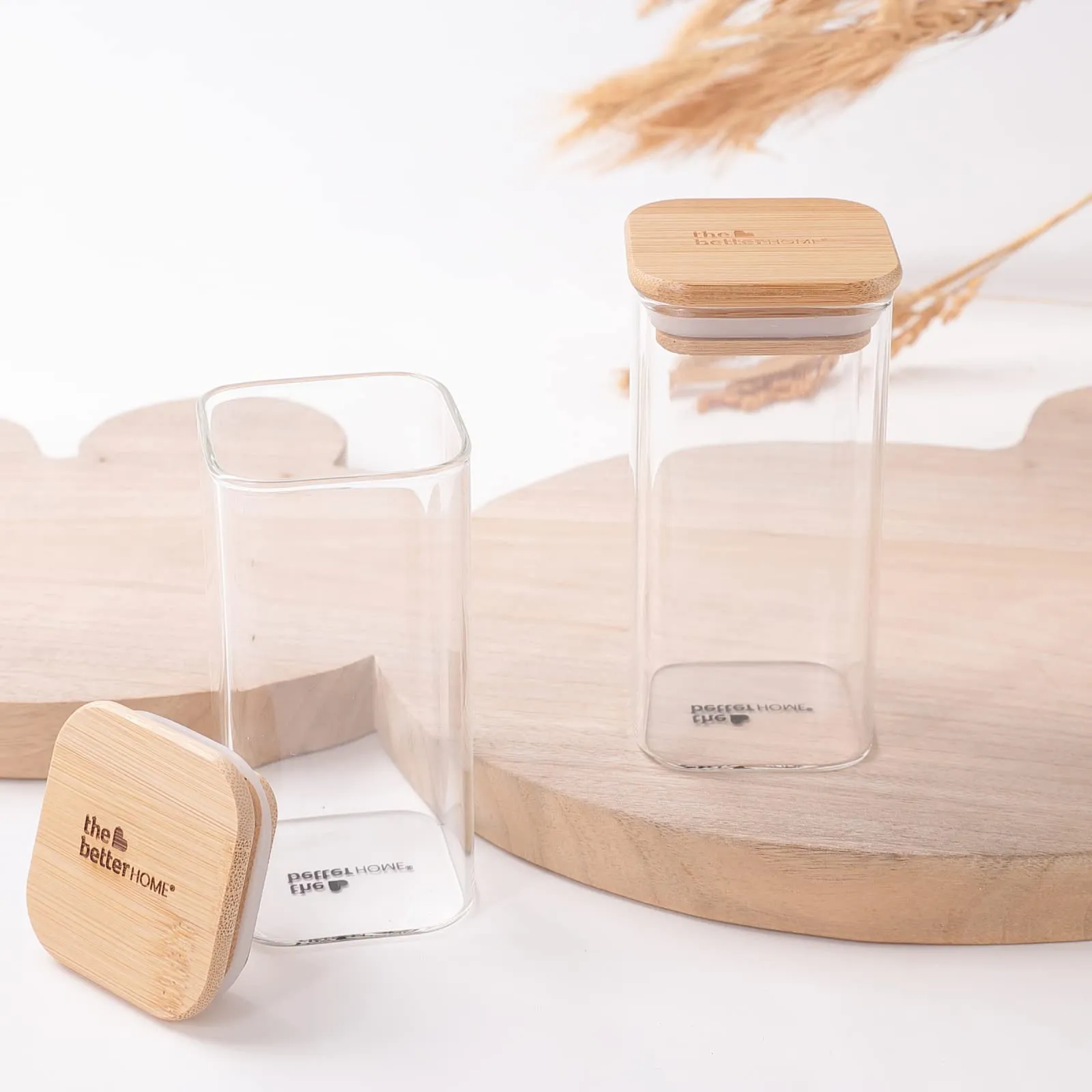 The Better Home Pack of 2 Kitchen Accessories Item with Bamboo Lid I Rectangular Transparent Airtight Borosilicate Kitchen Containers Set | Glass Jars for Cookies Snacks Tea Coffee Sugar | 300 ml Each