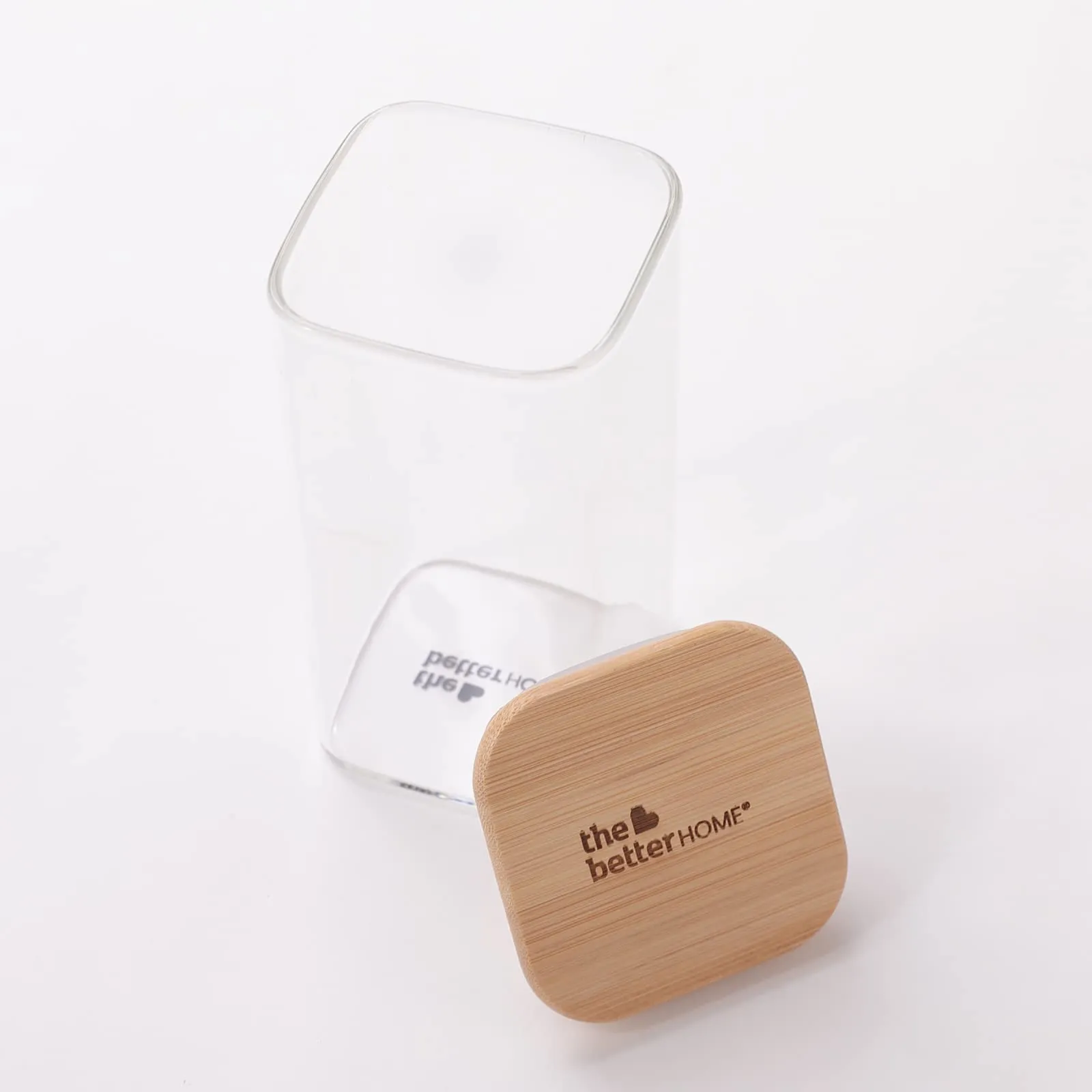 The Better Home Pack of 2 Kitchen Accessories Item with Bamboo Lid I Rectangular Transparent Airtight Borosilicate Kitchen Containers Set | Glass Jars for Cookies Snacks Tea Coffee Sugar | 300 ml Each