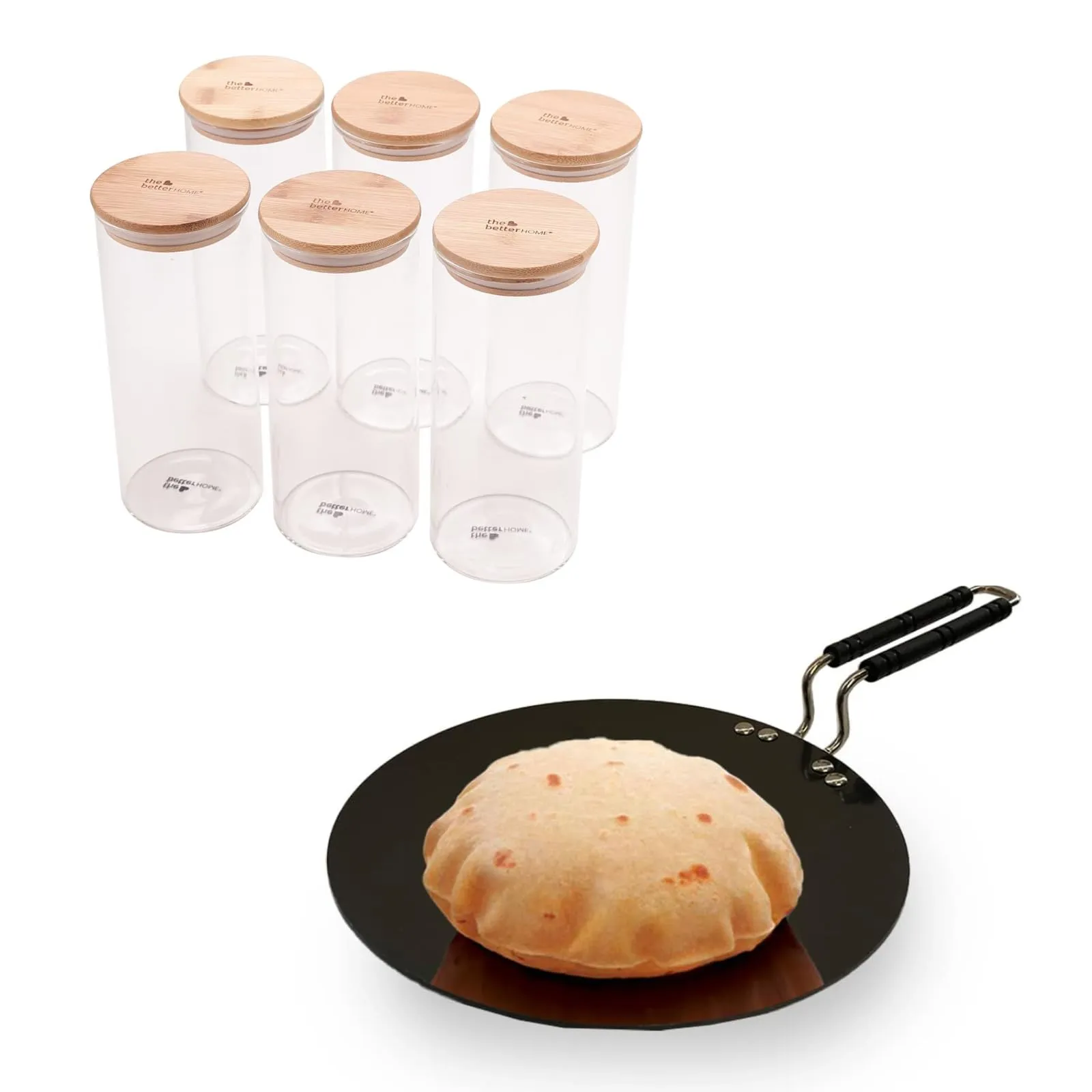 The Better Home Pack of 6 1000 ml Each Kitchen Accessories Items with Bamboo Lid & 1 Hard Anodized Roti Tawa with Handle | Scratch Resistant Surface | Riveted Handles | 25 Cm Diameter | Black