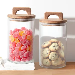 UMAI 1000ml Glass Jars with Wooden Lid, Set of 2 | Airtight Kitchen Storage Containers | Moisture & Dust Proof | Cookies Spices Tea Coffee Sugar Dry Fruits Organizer | Transparent Jar with Handle