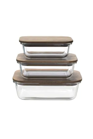 UMAI Borosilicate Glass Containers with Wooden Lid, 3 pcs Set, Borosilicate Glass, Rectangle Shape, Transparent, Microwave and Refrigerator Safe, 370ml, 640ml,1050ml