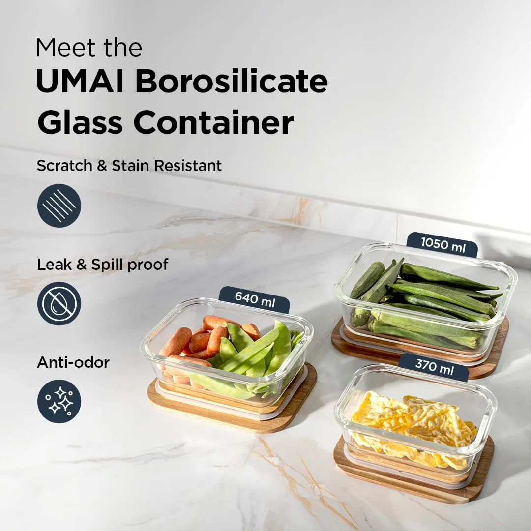 UMAI Borosilicate Glass Containers with Wooden Lid, 3 pcs Set, Borosilicate Glass, Rectangle Shape, Transparent, Microwave and Refrigerator Safe, 370ml, 640ml,1050ml