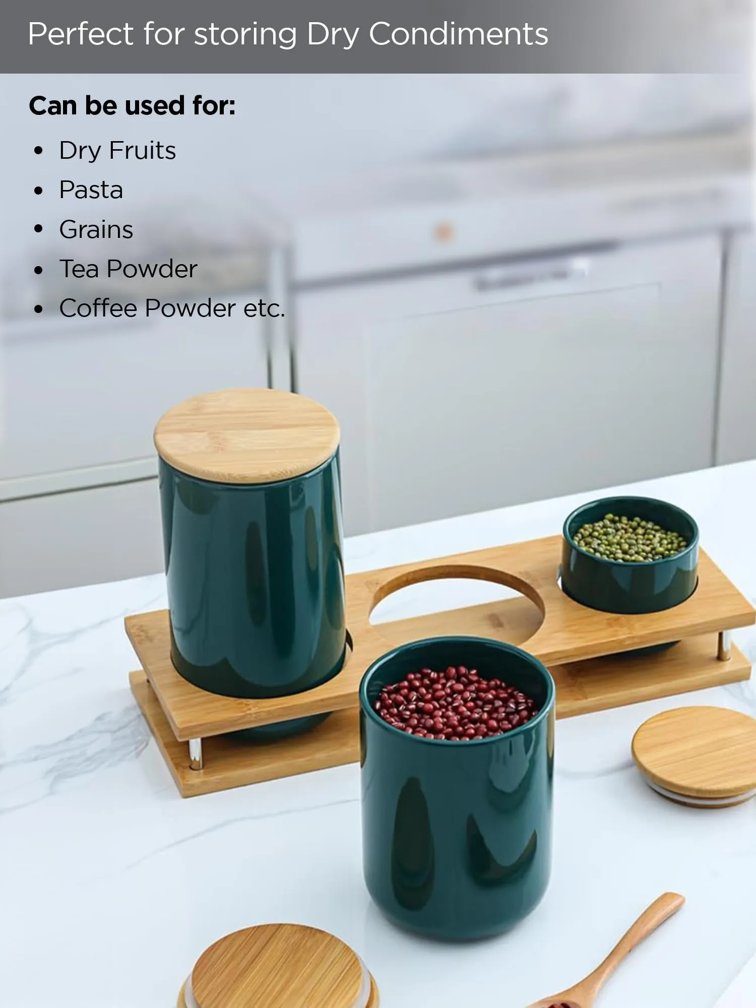 UMAI Ceramic Jars Set with Bamboo Lid & Stand | 3 Pieces Kitchen Storage Containers Set - 260ml, 800ml & 1000ml|Air Tight & Multipurpose|Premium Packaging|Kitchen Organizer Items and Storage|Green