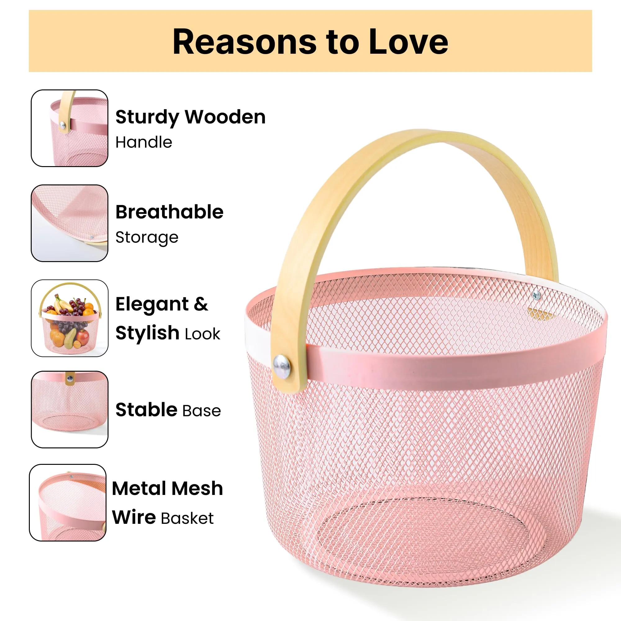 UMAI Metal Mesh Basket for Storage with wooden handle | 400gm | Fruit basket & Vegetable basket for kitchen | Kitchen Organizer | Baskets for organizing home | Pack of 2 | Pink | Multipurpose