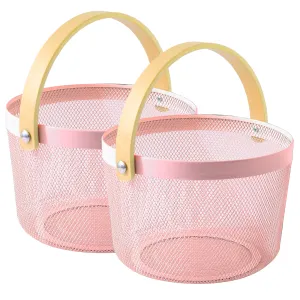 UMAI Metal Mesh Basket for Storage with wooden handle | 400gm | Fruit basket & Vegetable basket for kitchen | Kitchen Organizer | Baskets for organizing home | Pack of 2 | Pink | Multipurpose