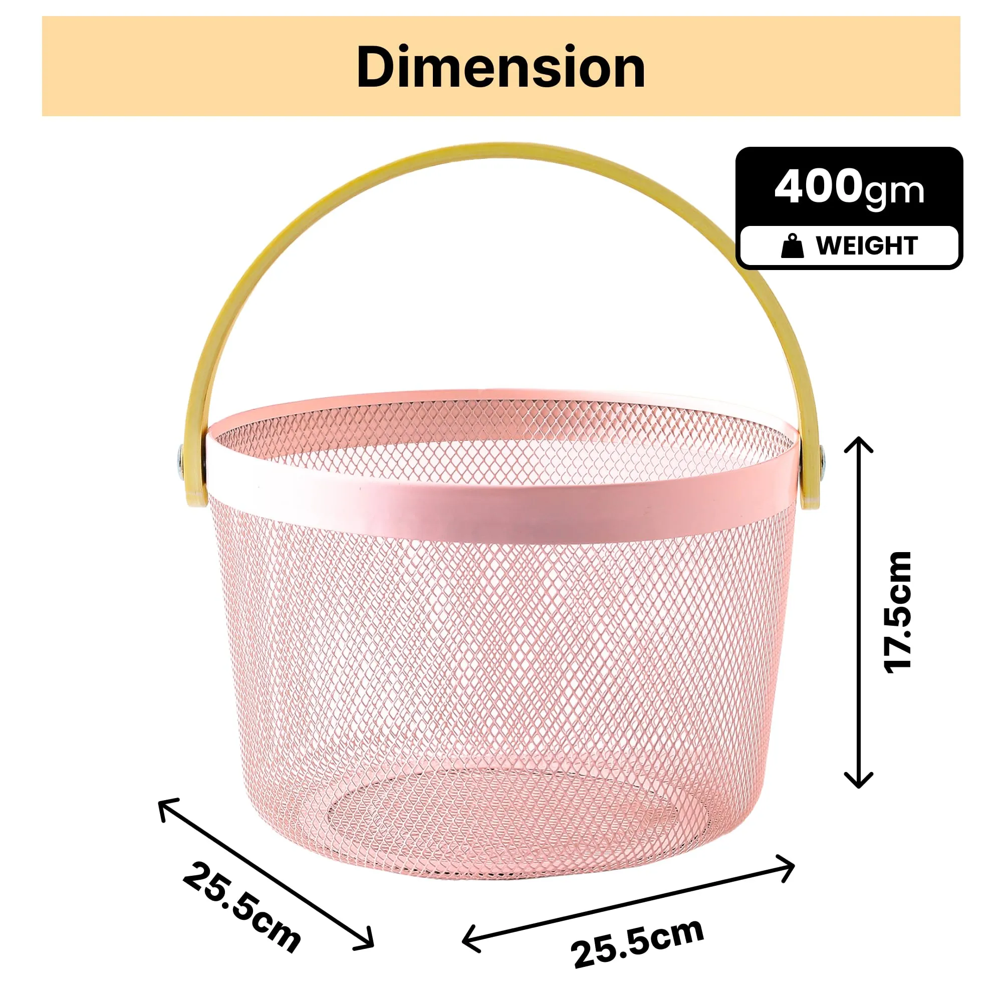 UMAI Metal Mesh Basket for Storage with wooden handle | 400gm | Fruit basket & Vegetable basket for kitchen | Kitchen Organizer | Baskets for organizing home | Pack of 2 | Pink | Multipurpose