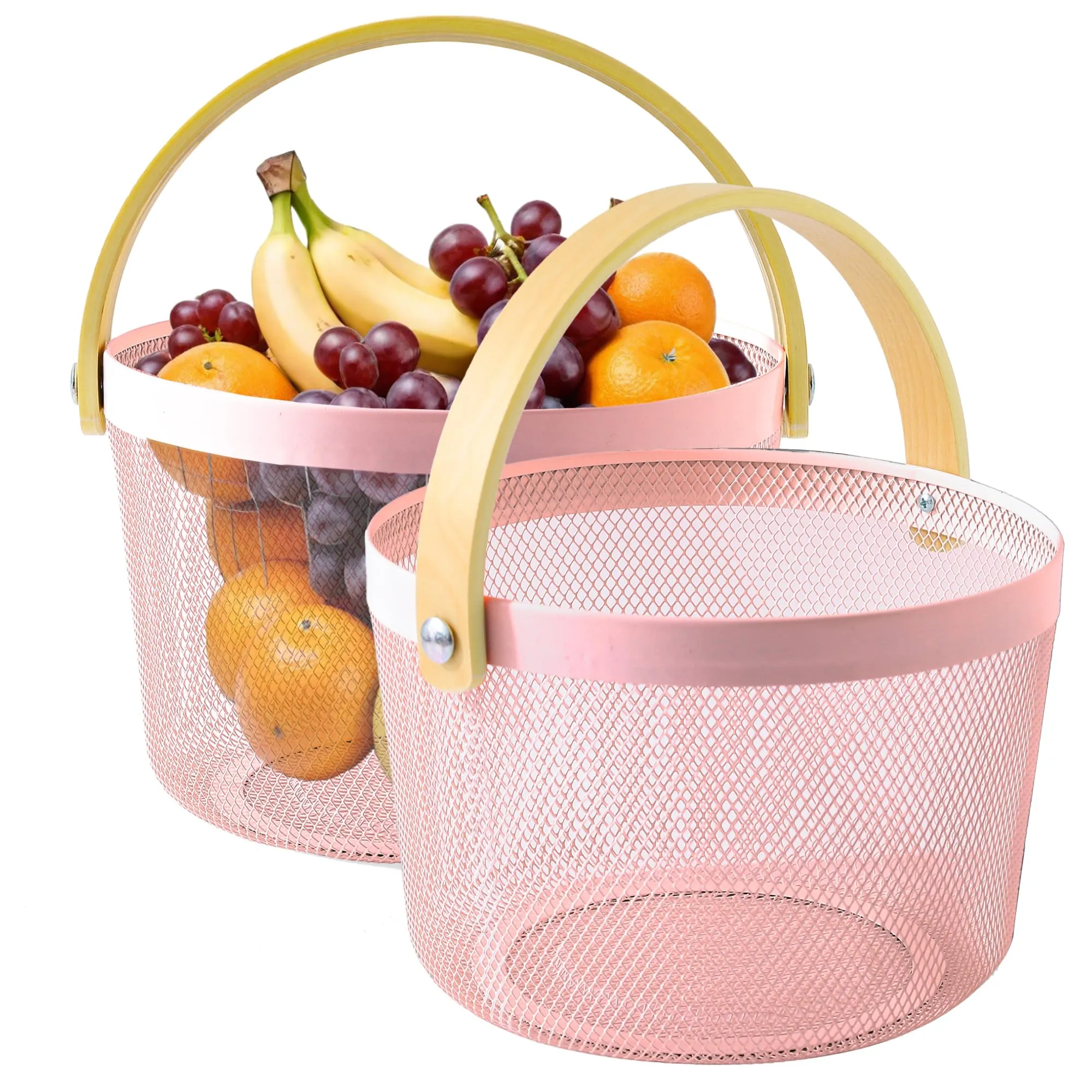 UMAI Metal Mesh Basket for Storage with wooden handle | 400gm | Fruit basket & Vegetable basket for kitchen | Kitchen Organizer | Baskets for organizing home | Pack of 2 | Pink | Multipurpose