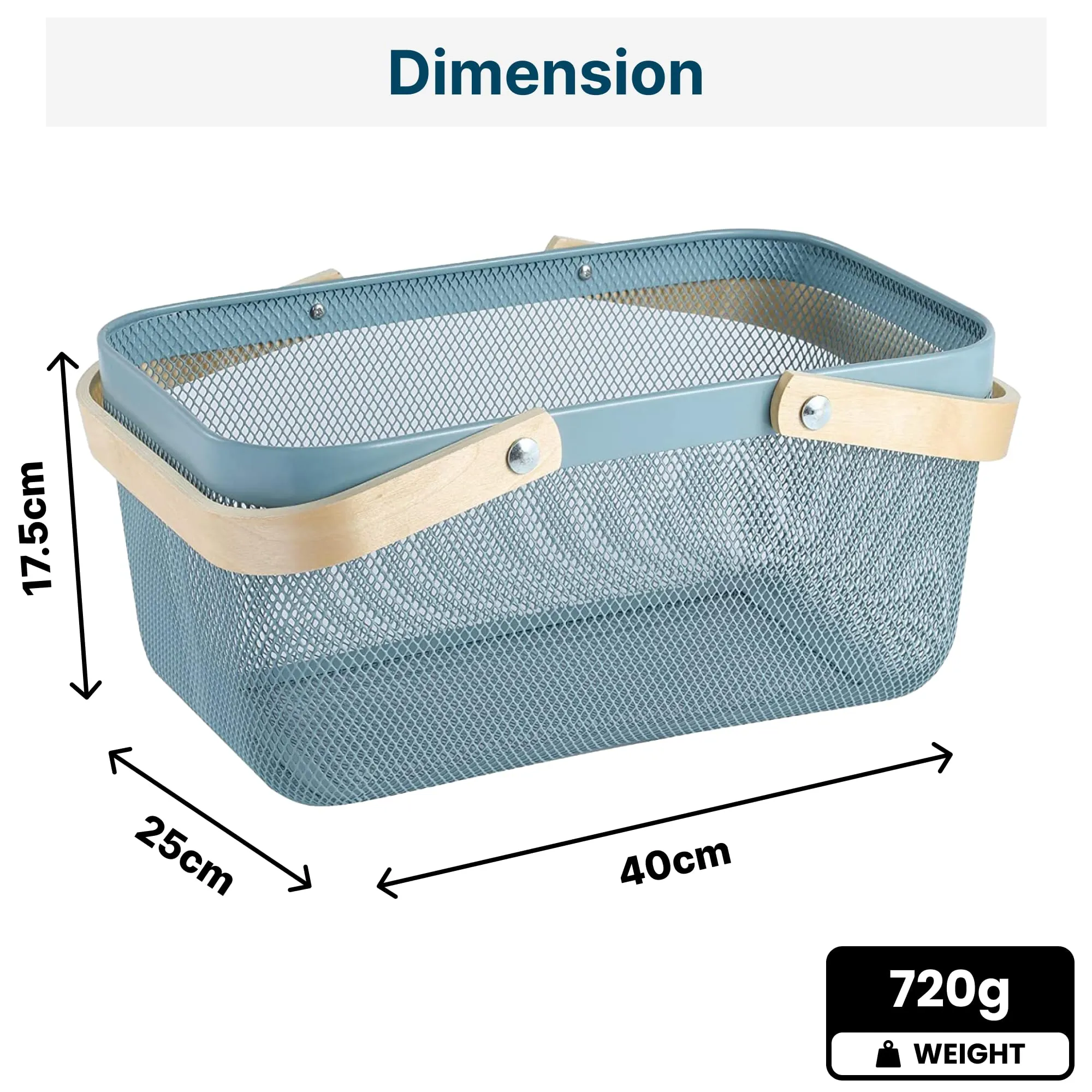 UMAI Rectangular Metal Mesh Basket for Storage with wooden handle | 720Gm | Fruit basket & Vegetable Basket for Kitchen | Kitchen Organizer| Pack of 2 | Multipurpose| Blue