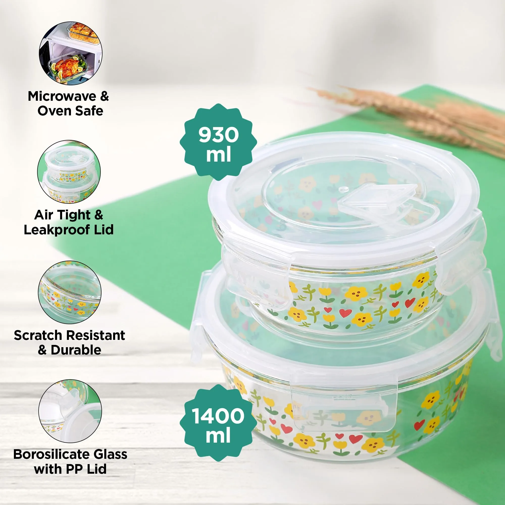 UMAI Set of 2 Round Printed Borosilicate Kitchen Containers set with Lid | Microwave Safe | Leakproof, Airtight, Storage Jars for Cookies Snacks Tea Coffee Sugar | 930 ml & 1400 ml