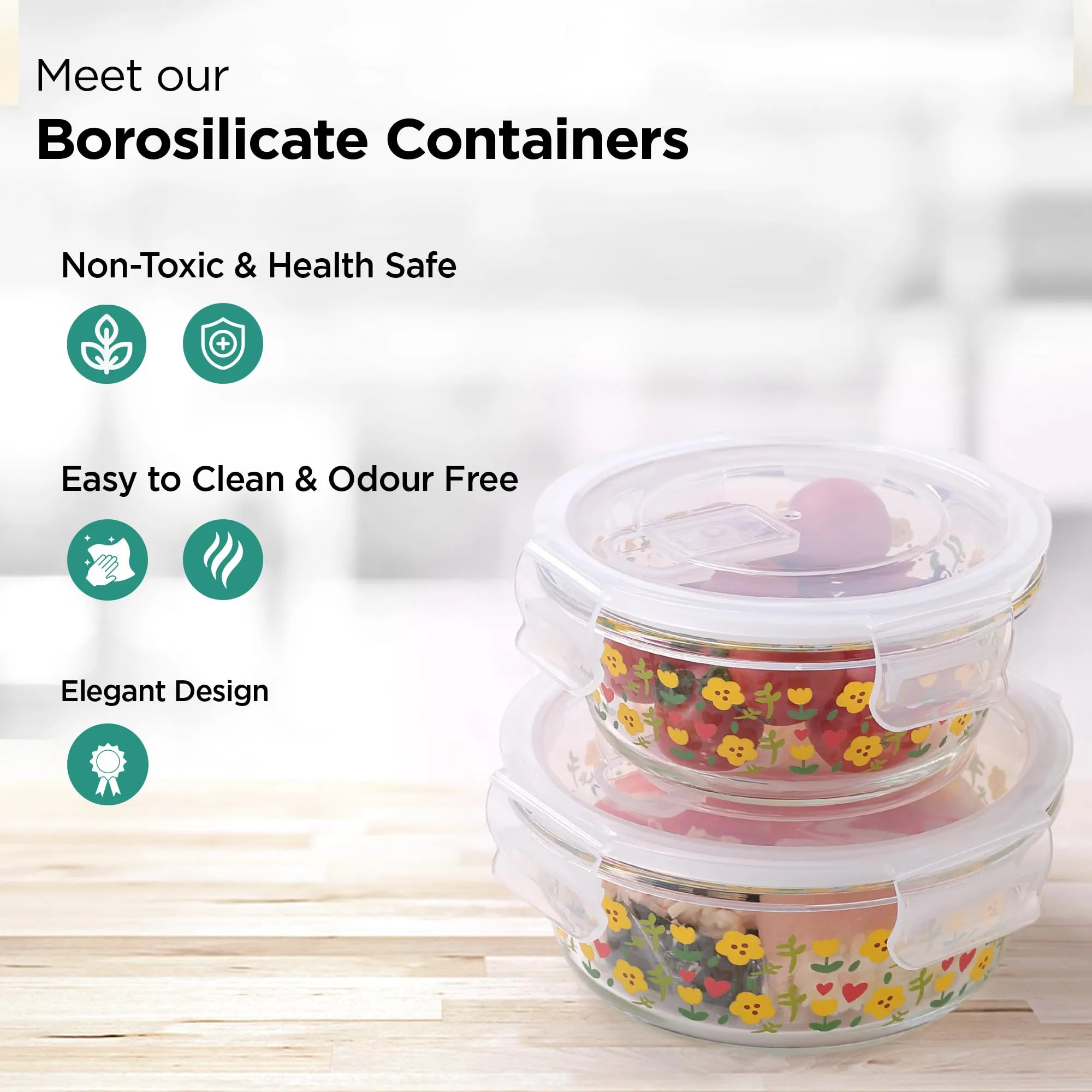 UMAI Set of 2 Round Printed Borosilicate Kitchen Containers set with Lid | Microwave Safe | Leakproof, Airtight, Storage Jars for Cookies Snacks Tea Coffee Sugar | 930 ml & 1400 ml