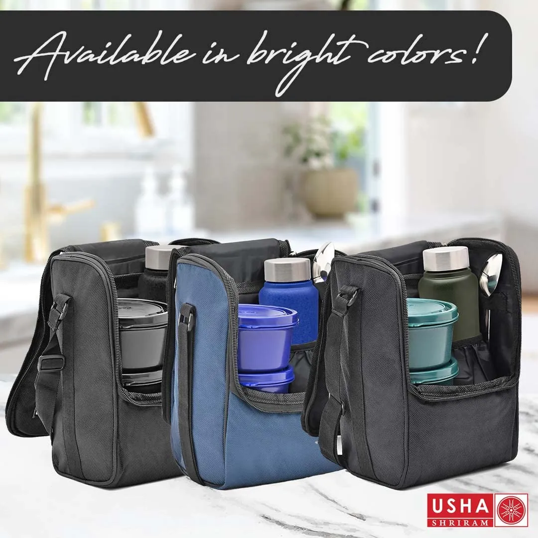 USHA SHRIRAM Lunch Box with Bottle (750ml)|3 Stackable Steel Containers with Fabric Bag, 1 Steel Water Bottle Cutlery|Lunch Boxes for Office Men Women|Leak-Proof Air-Tight Tiffin Set (Black)