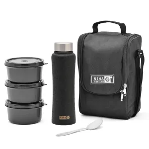 USHA SHRIRAM Lunch Box with Bottle (750ml)|3 Stackable Steel Containers with Fabric Bag, 1 Steel Water Bottle Cutlery|Lunch Boxes for Office Men Women|Leak-Proof Air-Tight Tiffin Set (Black)