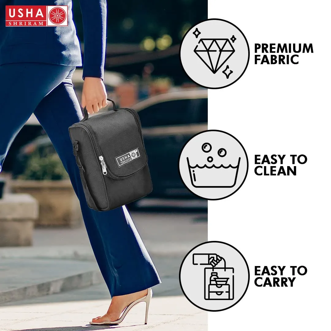 USHA SHRIRAM Lunch Box with Bottle (750ml)|3 Stackable Steel Containers with Fabric Bag, 1 Steel Water Bottle Cutlery|Lunch Boxes for Office Men Women|Leak-Proof Air-Tight Tiffin Set (Black)