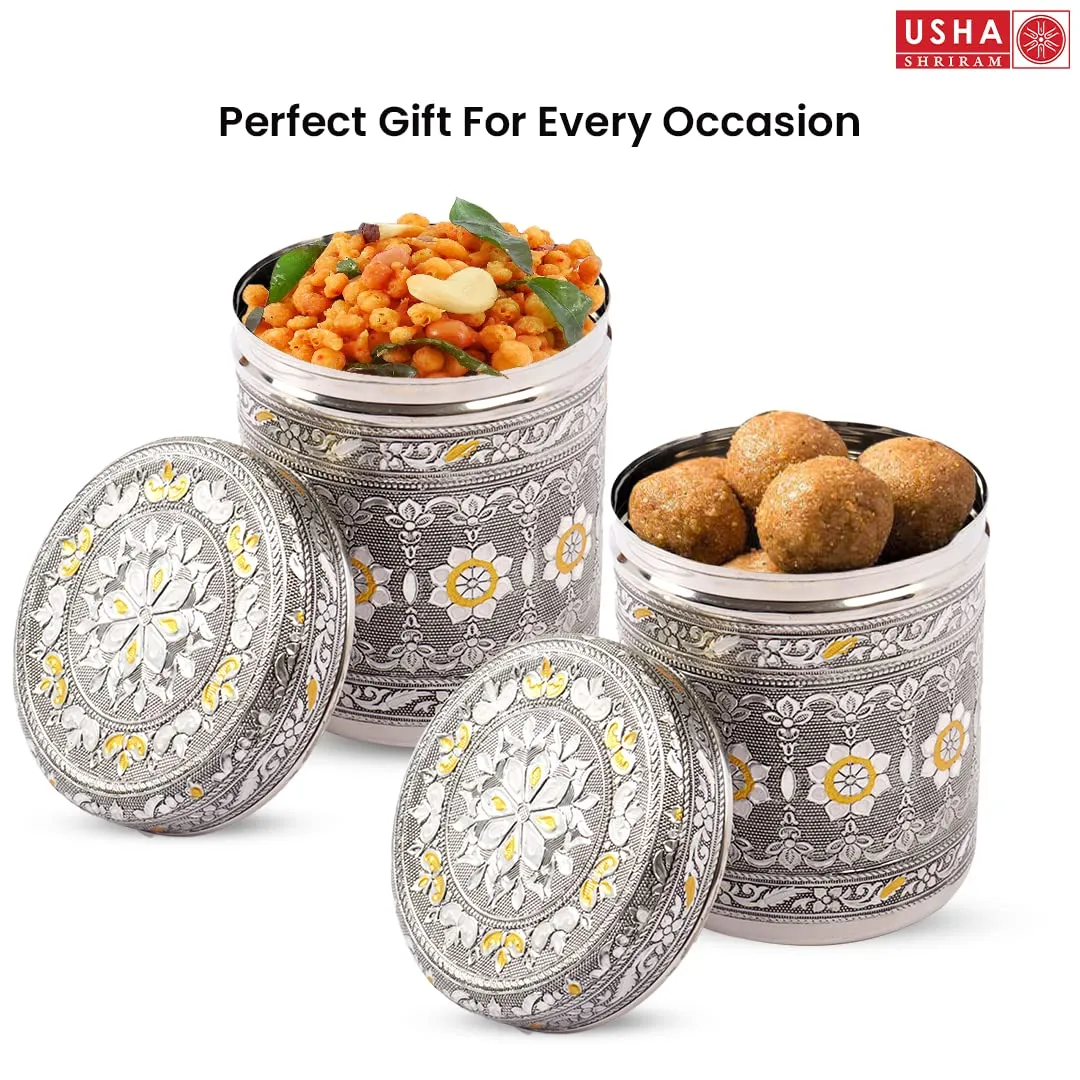 USHA SHRIRAM Stainless Steel Crafted Storage Box (800ml) | Gift Set | Kitchen Storage Organiser | Dabba For Kitchen | Rust Proof | Multi Purpose Box (Silver)