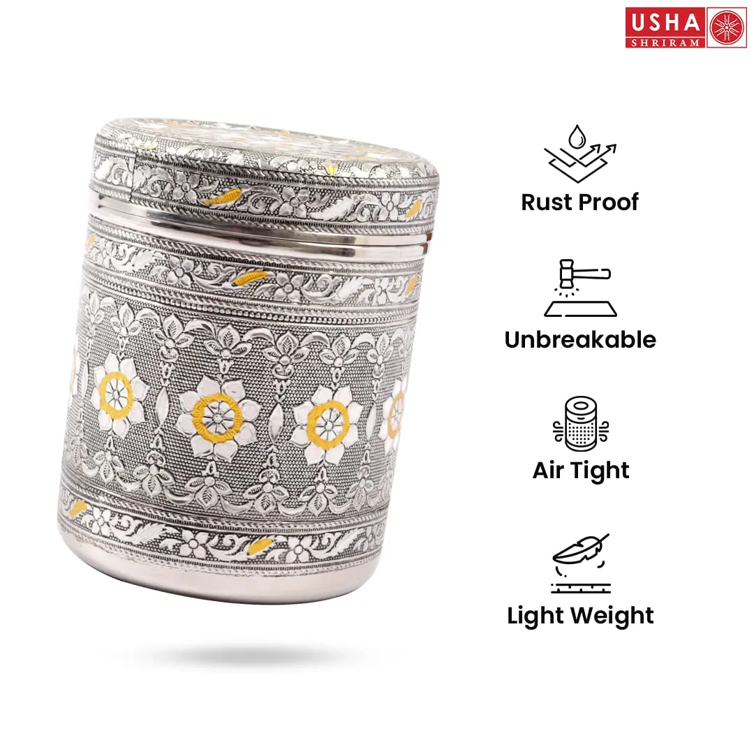 USHA SHRIRAM Stainless Steel Crafted Storage Box (800ml) | Gift Set | Kitchen Storage Organiser | Dabba For Kitchen | Rust Proof | Multi Purpose Box (Silver)