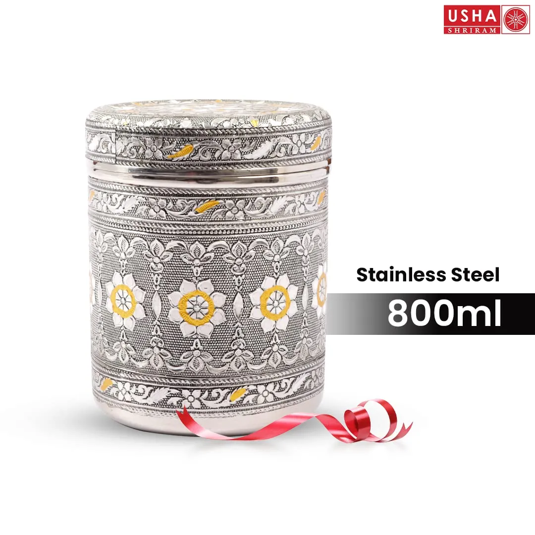 USHA SHRIRAM Stainless Steel Crafted Storage Box (800ml) | Gift Set | Kitchen Storage Organiser | Dabba For Kitchen | Rust Proof | Multi Purpose Box (Silver)